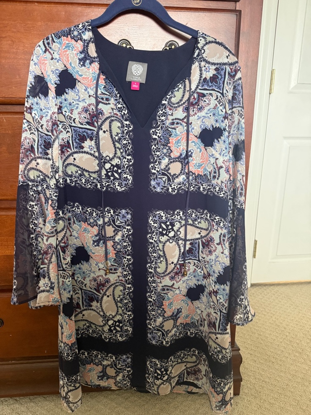 Vince Camuto Navy Paisley Tunic Dress with Coral and Cream Accents